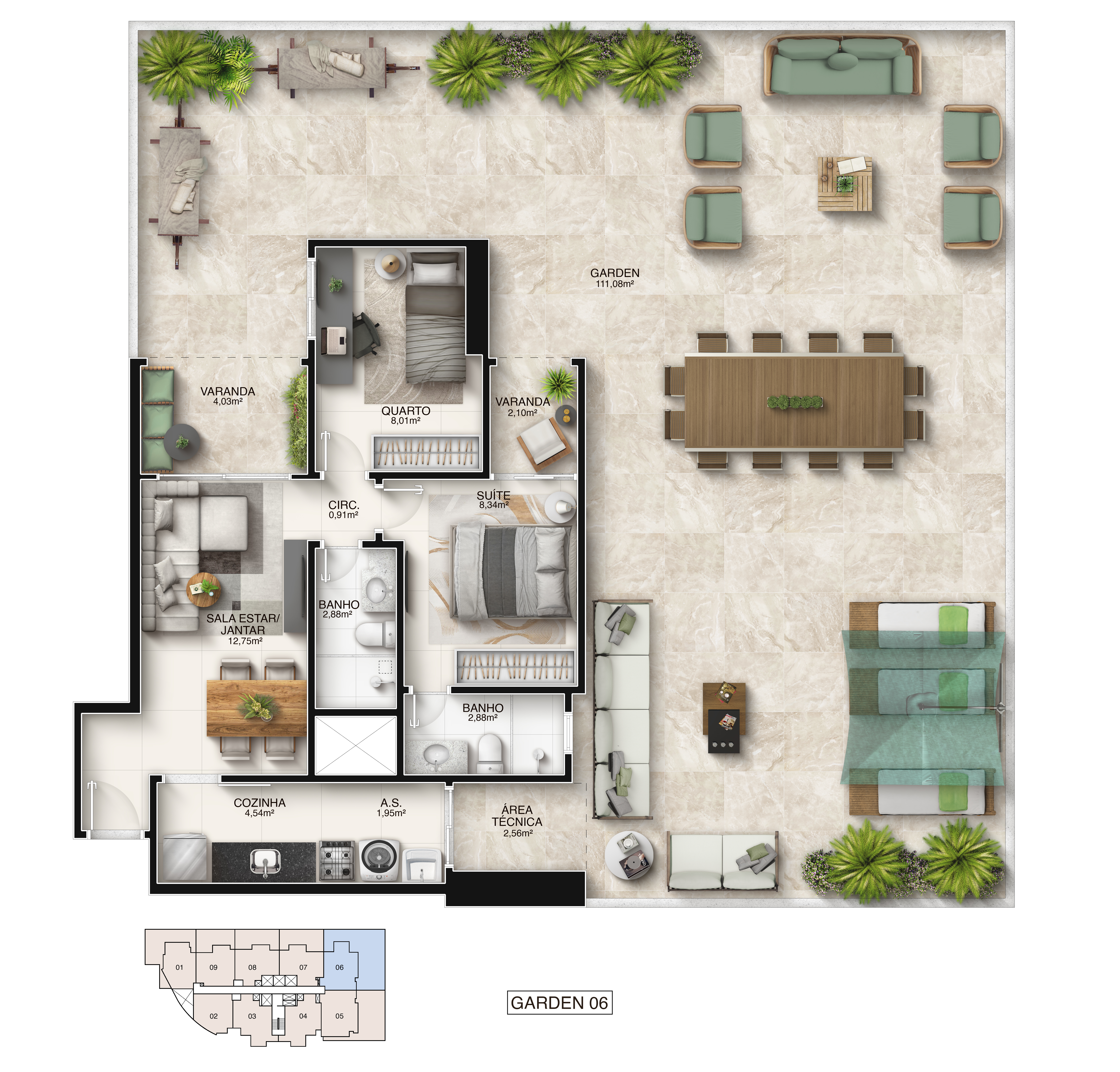 Planta Garden Coluna 06 - 2 Quartos 175,64 m² - Píer Boulevard