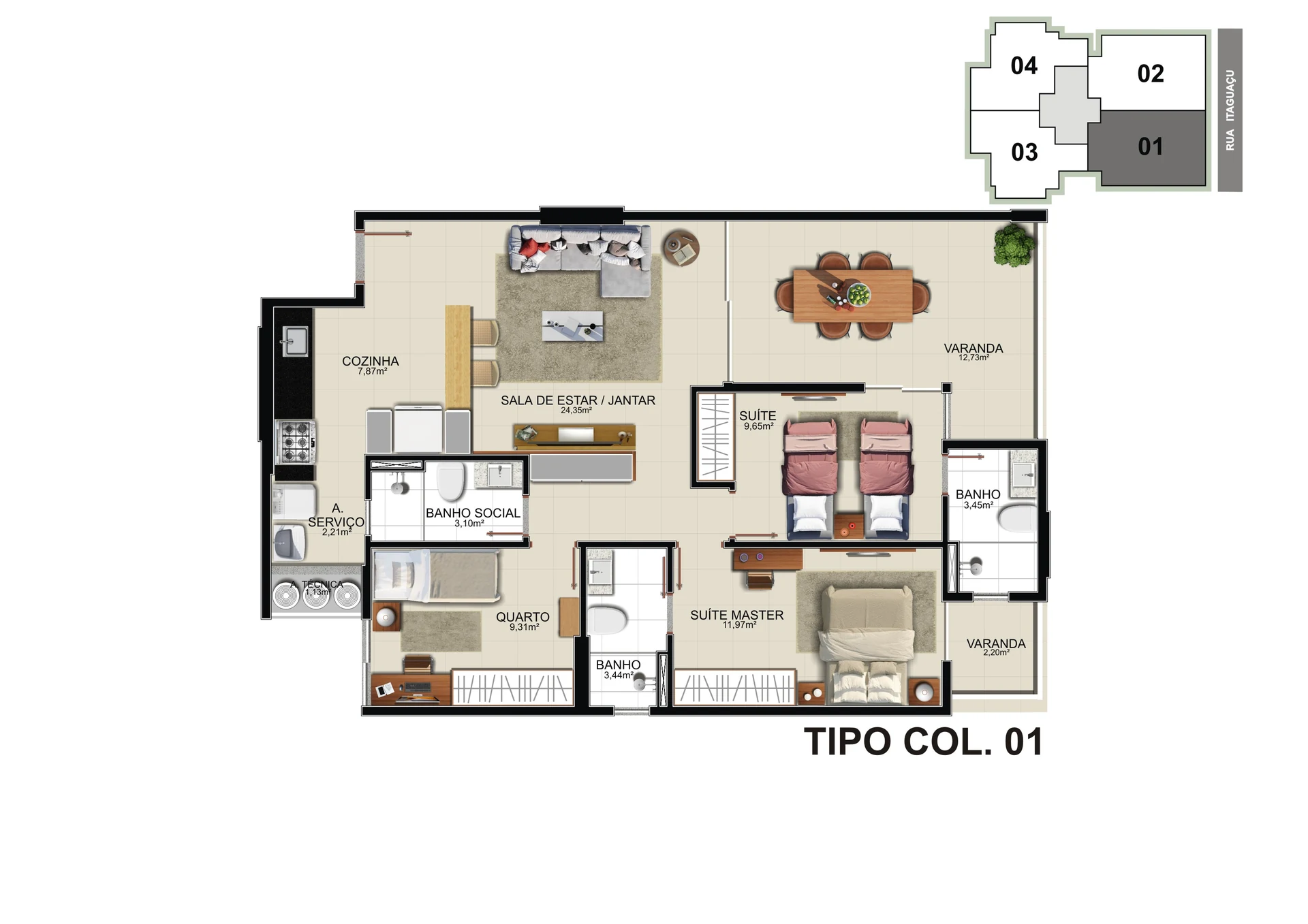 Planta Tipo - Coluna 01 com Sala Ampliada (104,31 m²)