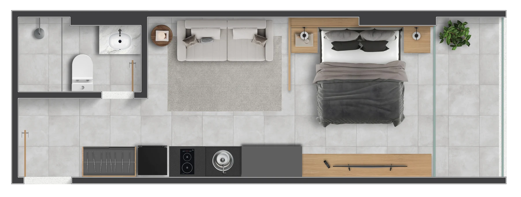 Layout Funcional Studio com Living e Cozinha Integrada (Stay 03 HD)