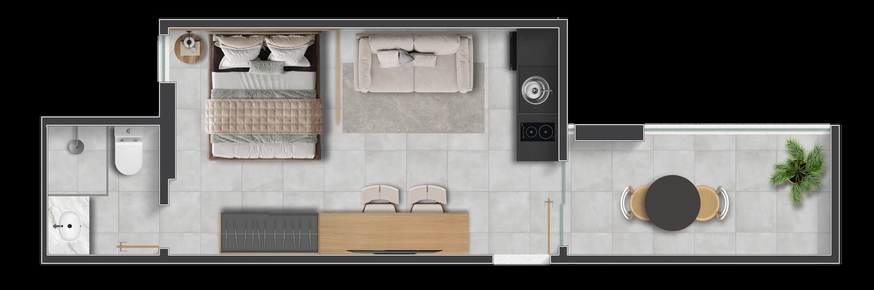 Planta Humanizada Studio com Varanda Panorâmica (Stay 08 HD)